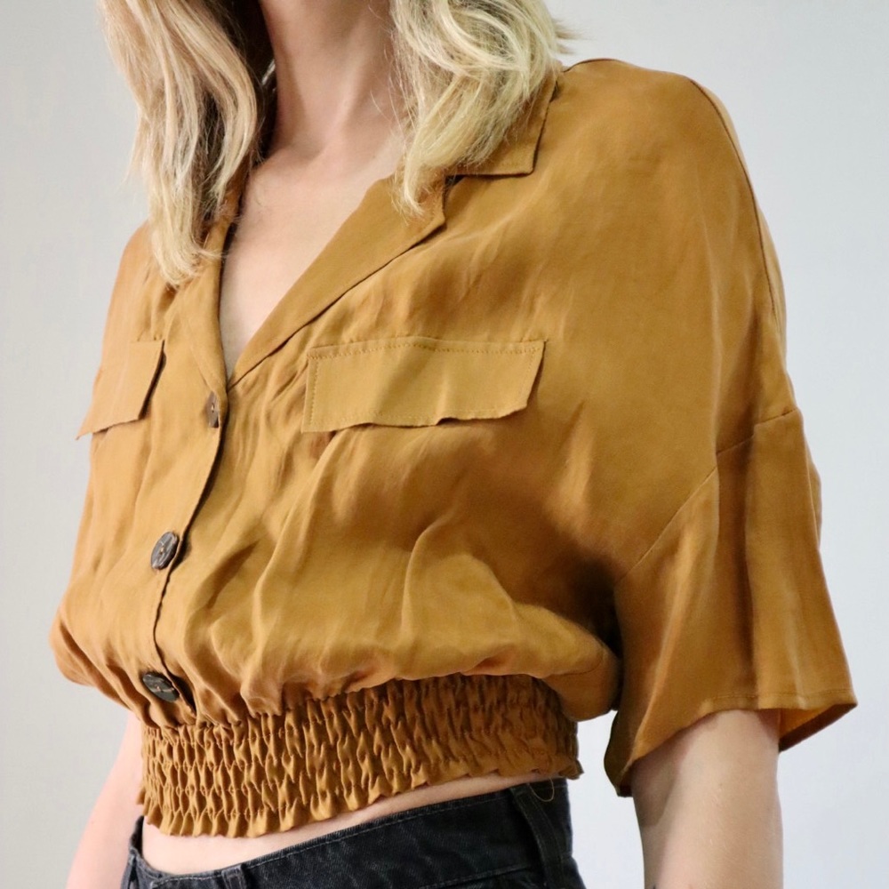 Light Brown Short Sleeve Zara Cropped Button Down